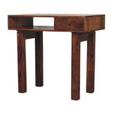 Dark brown wooden writing desk with one drawer and open shelf in a chestnut writing desk style