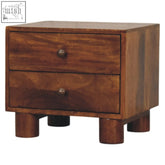 Tula 2-drawer chestnut chest with rustic wooden drawers and sturdy cylindrical block legs for bedroom storage