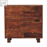 Rich dark brown tula mini sideboard chest of drawers in solid mango wood with natural grain and brass knobs