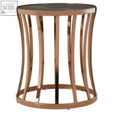Tula rose gold finish round side table with a dark smooth tabletop and sleek rose gold metal frame