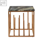 Tula rose gold finish square side table with gold toned metal frame and dark green white marbled top