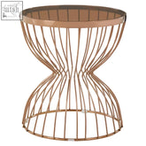 Gold-toned wireframe side table with clear glass top featuring a round hourglass base for stylish living spaces