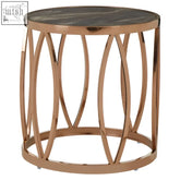 Tula round side table with dark marble top and rose gold stainless steel leaf base for stylish decor
