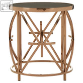 Rose gold metal side table with dark glass top featuring a geometric lattice round star base design
