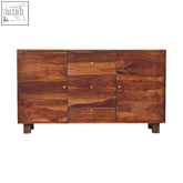 Rich warm toned tula sideboard chest in chestnut solid mango wood with three drawers and brass knob handles