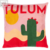 Pink tulum needlepoint cushion with red embroidery green cactus yellow sun on pastel layered hills design