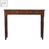 Dark brown wooden console table with chestnut finish three drawers and turned leg supports perfect for living room