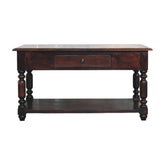 Dark brown wooden console table with turned legs single compact drawer and lower shelf for extra storage