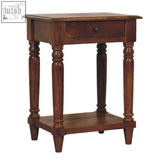 Dark brown wooden end table with turned legs and single drawer featuring a lower shelf in turned legs chestnut finish