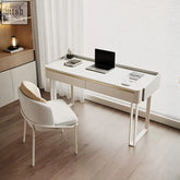 Modern white tusa office desk with sintered stone top, sleek metal legs, and subtle gold trim for stylish workspaces
