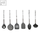 Set of eight sleek kitchen utensils with marble handles and matte black silicone heads tyri six piece kitchen utensil