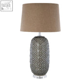 Gray woven ceramic udele table lamp with a brown linen shade and beige textured linen shade