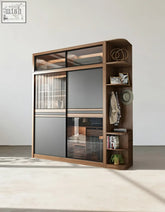 Modern wood ueda double sliding door wardrobe with dark gray panels glass doors and open side shelves for storage