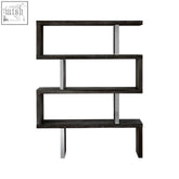 Modern black wood and metal ulmus 4 tier shelf unit with geometric staggered tier shelf design
