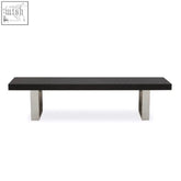 Ulmus black elm wood bench with black lacquered seat and sleek polished chrome legs for stylish seating