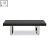 Black rectangular ulmus coffee table with sleek chrome legs perfect for modern living spaces