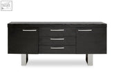 Ulmus sideboard in black elm with sleek silver handles, chrome legs, and two cupboards for stylish storage