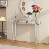 Ultra long silver mirrored console table with sleek vertical chrome legs perfect for entryway or vanity use