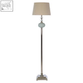 Silver finished ulyana floor lamp with linen shade and ornate translucent glass globe on tiered iron base
