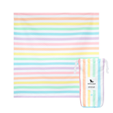 Pastel rainbow striped unicorn waves picnic blanket with matching drawstring bag by dock and bay