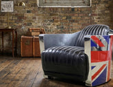 Black leather union jack vintage alloy tub chair with glossy chrome frame and flag design on one side