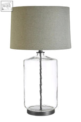 Unita table lamp with clear glass base twisted metal stem and textured sage green fabric shade for stylish lighting