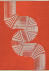 Vibrant orange urban outdoor rug with bold white embroidered s-shaped wave pattern perfect for outdoor use