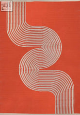 Vibrant orange urban outdoor rug with bold white embroidered s-shaped wave pattern perfect for outdoor use