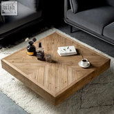 Square wooden ureshii coffee table with chevron pattern and natural wood grain finish perfect for any living room