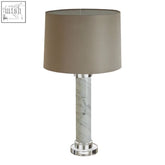Ursina table lamp with taupe drum shade marble-patterned base and polished chrome accents for stylish lighting
