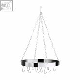 Silver valen matt chrome round hanging rack with circular metal frame and multiple hooks for kitchen storage
