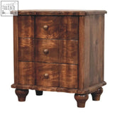 Rustic brown valencia bedside table with three drawers and round brass knobs made of solid mango wood