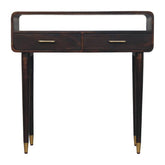 Dark wood valenza console table with two drawers, brass handles, and gold-tipped legs perfect for entryway use