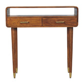 Valenza curved console table in mid-century modern wood with brass handles and gold-toned metal feet console table