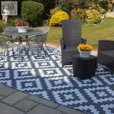 Valiant grey outdoor xl waterproof rug with grey and white geometric pattern for garden patio and decking 3.6m x 2.7m