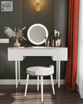 White vanity dressing table with round led mirror and gold toned legs perfect for stylish vanity dressing