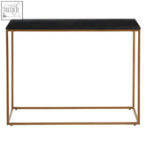 Varana console table with black marble top and sleek gold iron frame perfect for stylish entryways or living rooms