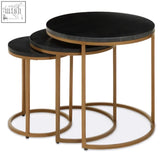 Set of three black marble nest tables with gold toned metal frames perfect for stylish living rooms