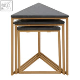 Varana nest of three triangular tables with black marble tops and gold-toned metal frames for stylish living rooms