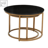 Black round coffee table with sleek modern design featuring two black marble tops and gold-toned metal legs