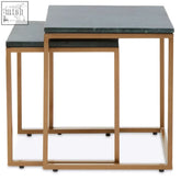 Varana nest of two green marble top tables with dark green marble tops and gold metal frames for stylish living spaces