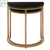 Black marble two half moon console table with a gold-toned frame from varana nest of two half moon black marble top tables