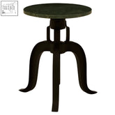 Vasco 3 leg bar stool with green marble top and black wrought iron legs featuring an adjustable threaded mechanism