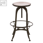 Industrial-style vasco black and white finish bar stool with round light marble top and dark metal frame