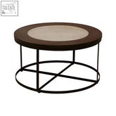 Round vasco wood coffee table with light beige marble top and black iron base for stylish living spaces