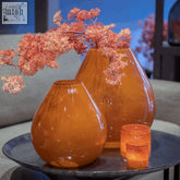Set of mouth blown amber glass vases and candle holders in rusted brown from dutz collection with glossy finish