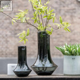A sleek mouth blown marco vase from dutz collection in smoke color holding delicate green branches