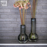 Two mouth blown grey glass vases with bulbous base and dutz collection logo from vase masa by dutz