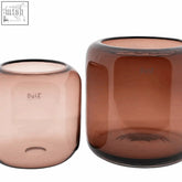 Two mouth blown glass vases in new burgundy with rounded minimalist design and subtle dutz collection logo etched on side
