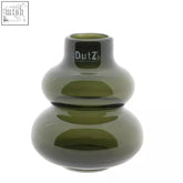 Olive-green mouth blown glass vase from dutz collection with sleek segmented design 16 cm tall smoke finish